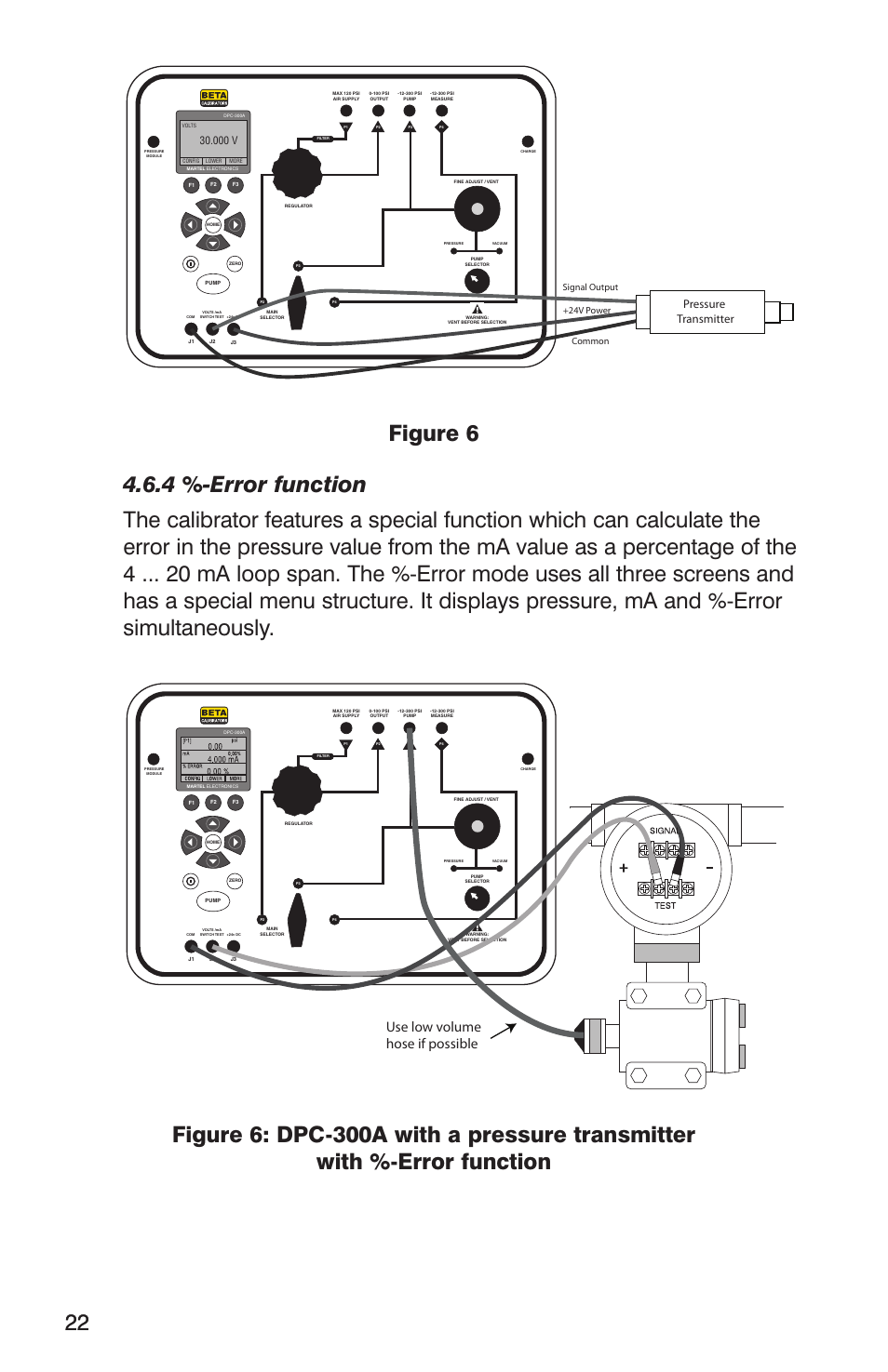 Use low volume hose if possible, Pressure transmitter, 000 v | Signal output +24v power common | Martel Electronics DPC300A User Manual | Page 24 / 48