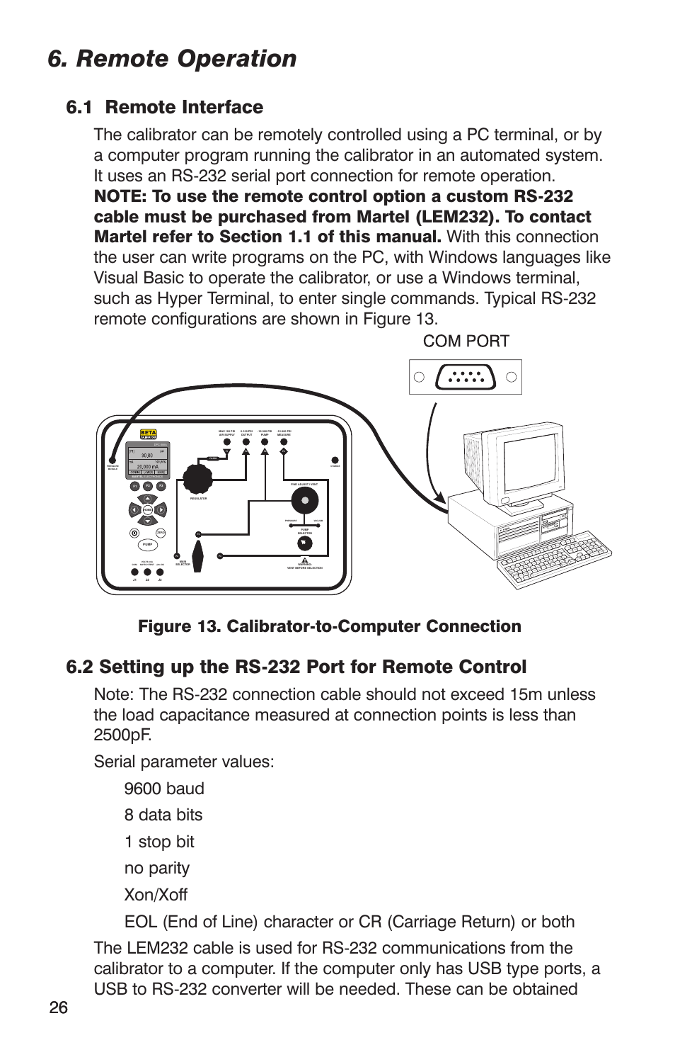 Remote operation, 1 remote interface, 2 setting up the rs-232 port for remote control | Figure 13. calibrator-to-computer connection | Martel Electronics DPC300A User Manual | Page 28 / 48