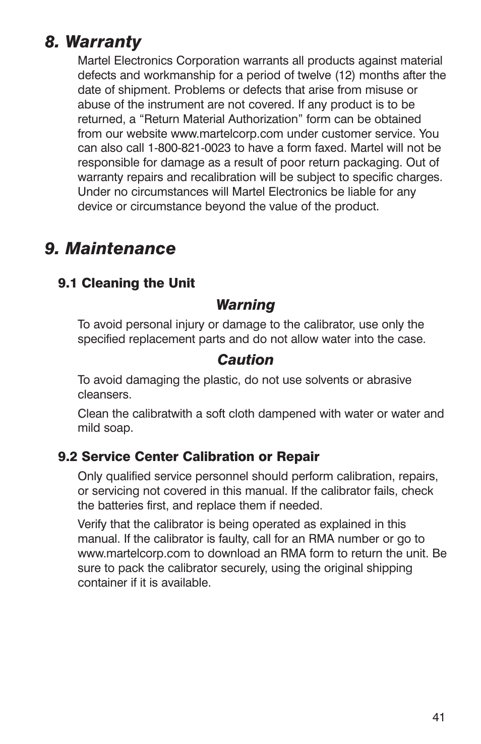 Warranty, Maintenance | Martel Electronics DPC300A User Manual | Page 43 / 48