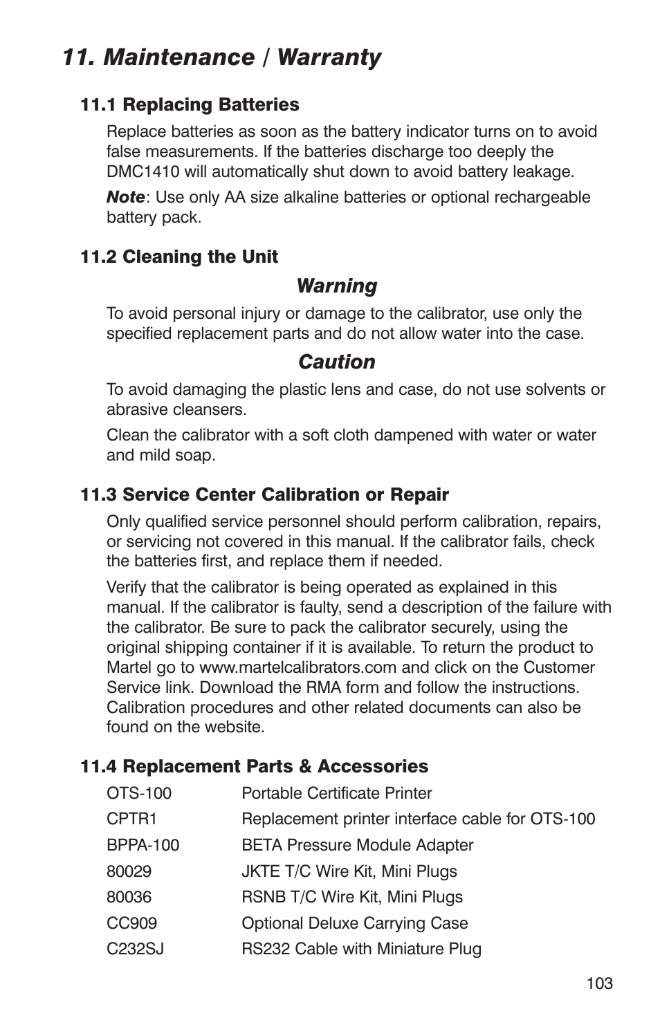 Maintenance / warranty | Martel Electronics DMC1410 User Manual | Page 105 / 108