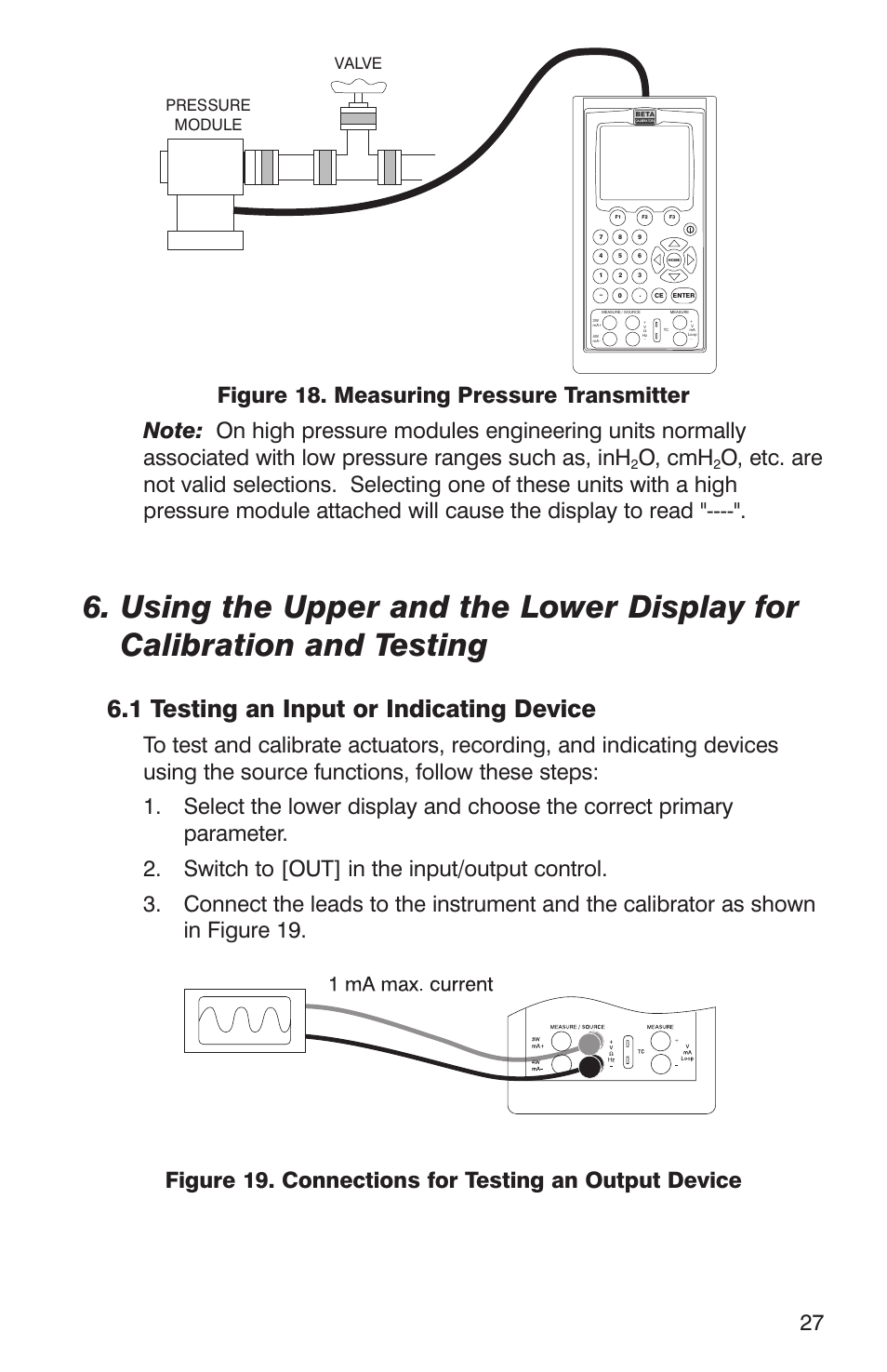 1 testing an input or indicating device, O, cmh, Pressure module valve | Martel Electronics DMC1410 User Manual | Page 29 / 108