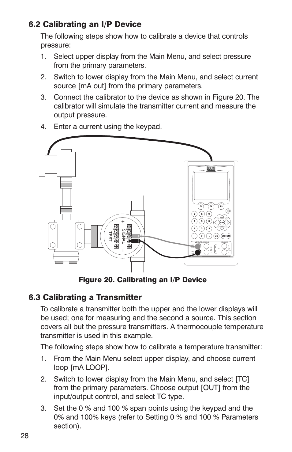 2 calibrating an i/p device, 3 calibrating a transmitter | Martel Electronics DMC1410 User Manual | Page 30 / 108