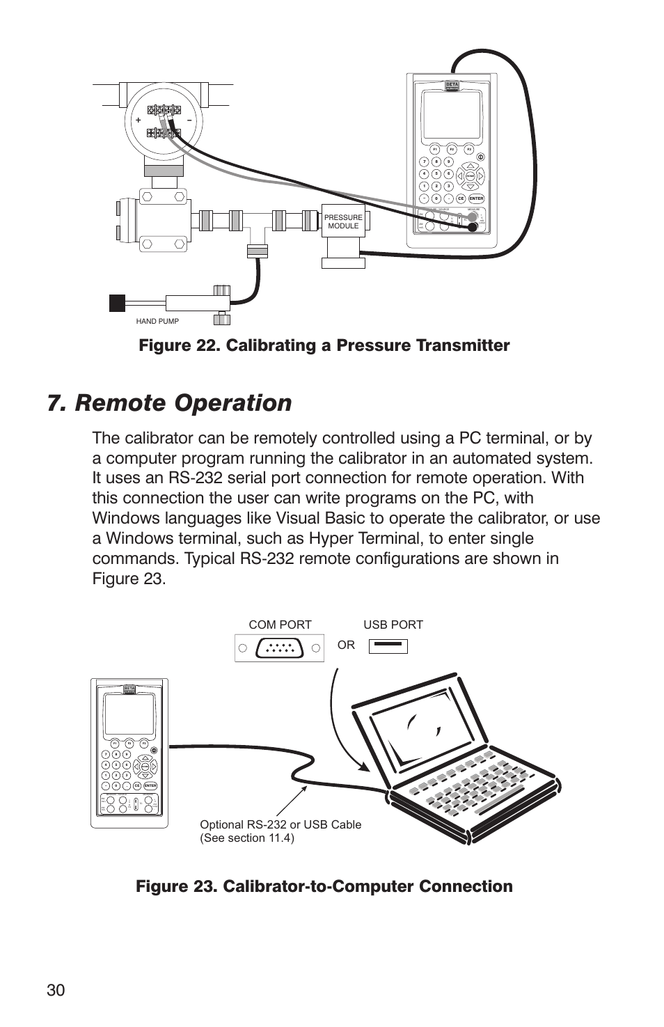 Remote operation, 30 figure 22. calibrating a pressure transmitter, Hand pump pressure module | Martel Electronics DMC1410 User Manual | Page 32 / 108