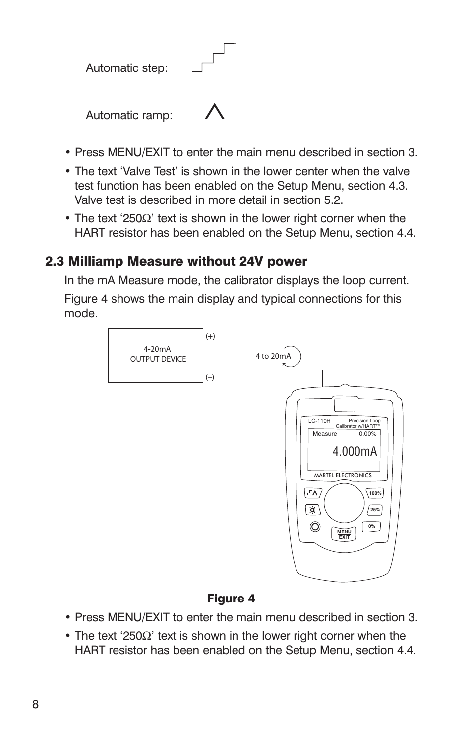 3 milliamp measure without 24v power, 000ma, 8automatic step: automatic ramp | Martel Electronics LC-110/H User Manual | Page 10 / 50