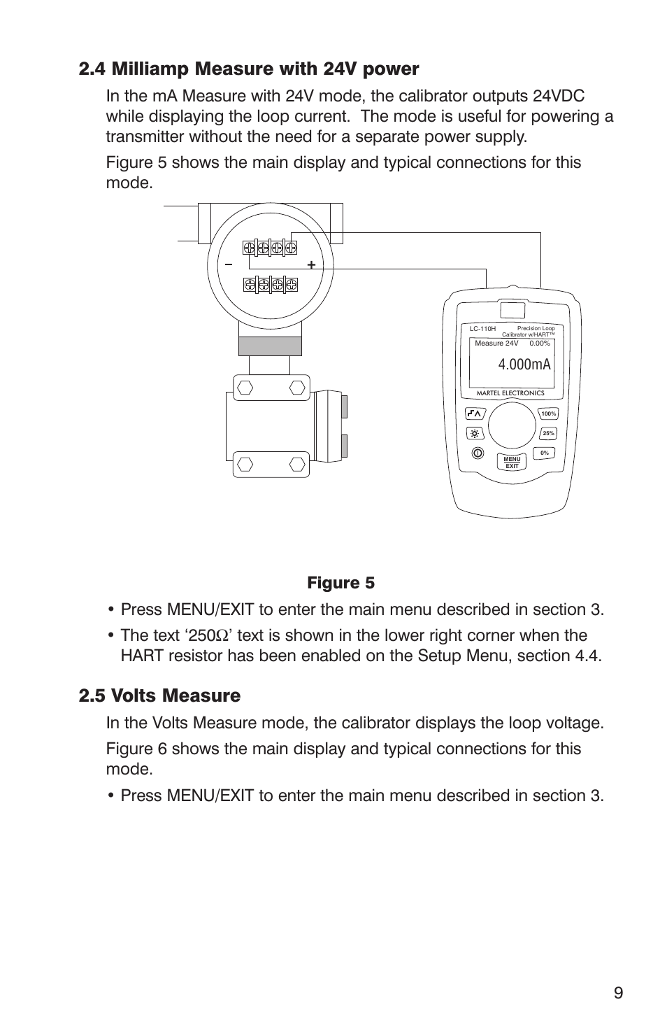 4 milliamp measure with 24v power, 5 volts measure, 000ma | Martel Electronics LC-110/H User Manual | Page 11 / 50