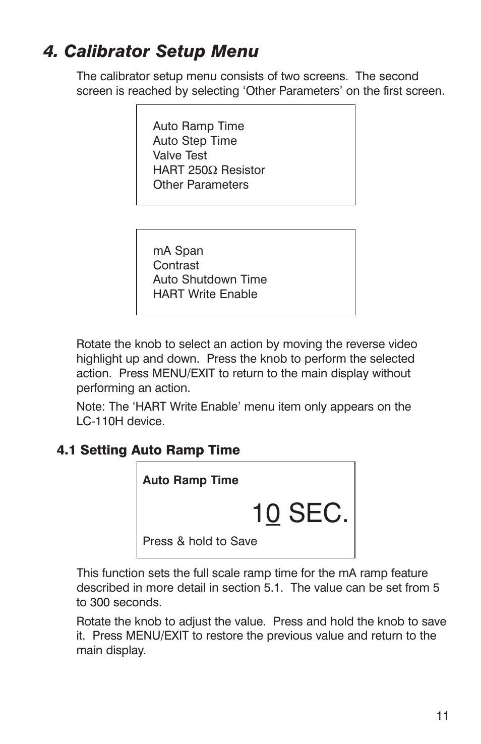 10 sec, Calibrator setup menu | Martel Electronics LC-110/H User Manual | Page 13 / 50