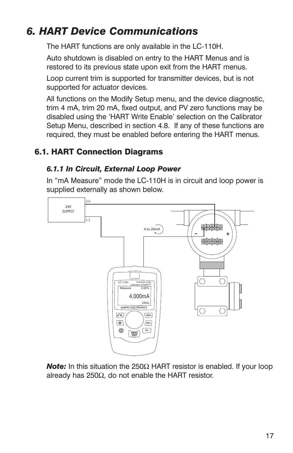 Hart device communications, Hart connection diagrams | Martel Electronics LC-110/H User Manual | Page 19 / 50