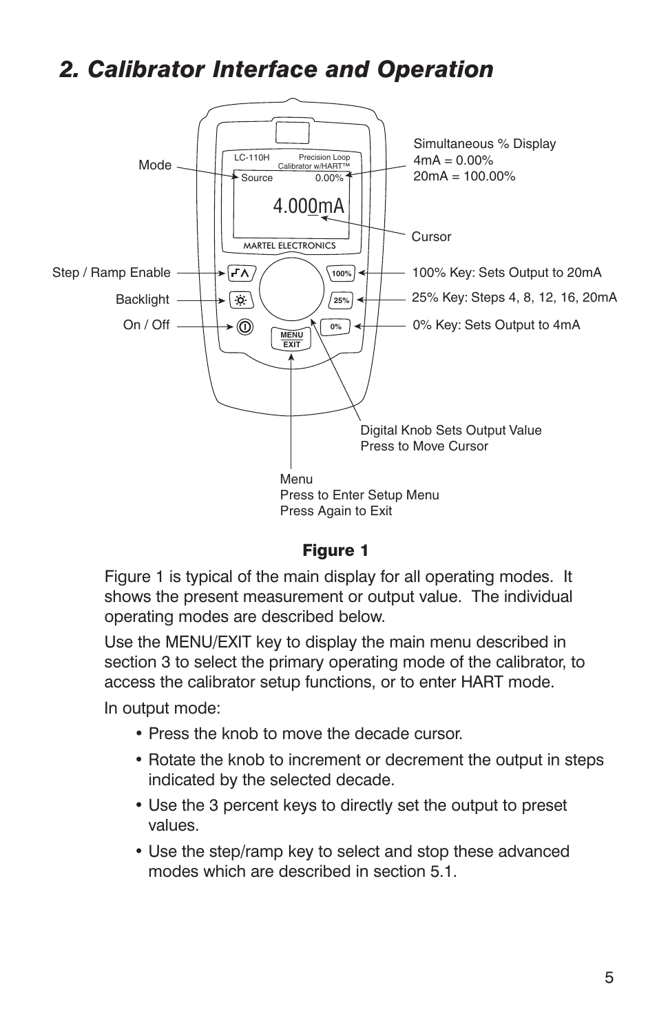 Calibrator interface and operation, 000ma | Martel Electronics LC-110/H User Manual | Page 7 / 50