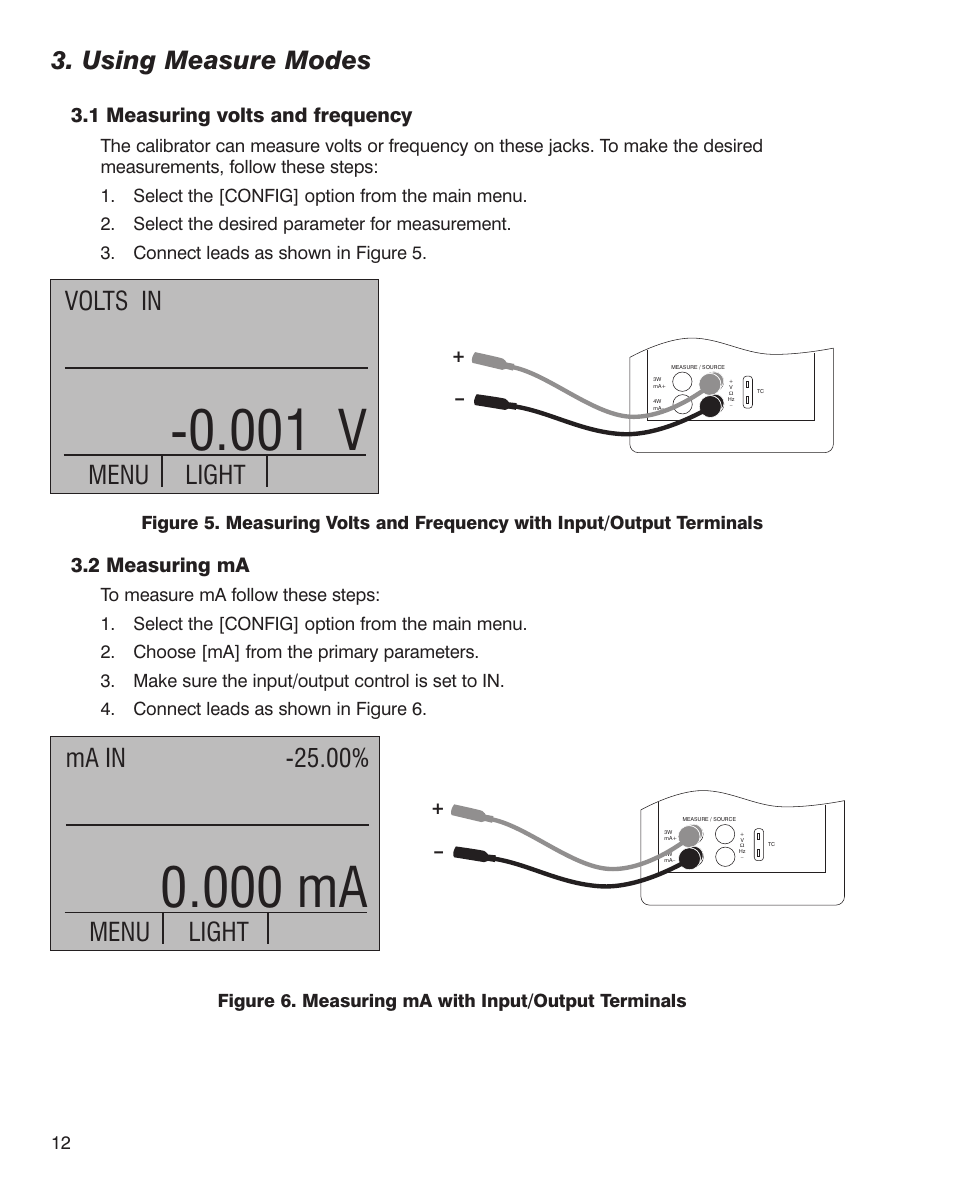 001 v, 000 ma, Using measure modes | Volts in menu, Light, Ma in -25.00% menu, 1 measuring volts and frequency, 2 measuring ma | Martel Electronics MC1010 User Manual | Page 12 / 46