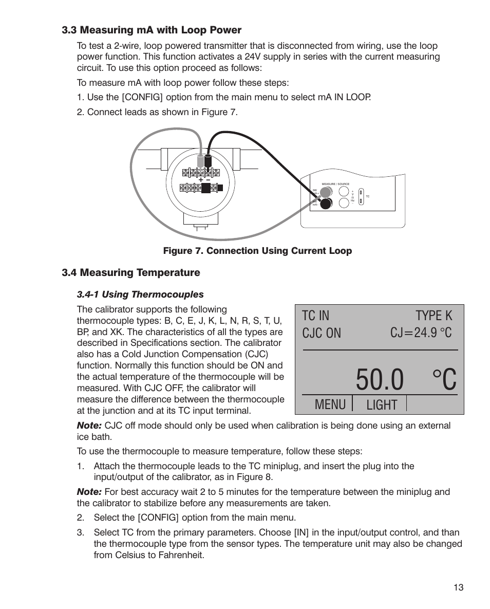 0 °c, Tc in cj=24.9 °c cjc on type k menu, Light | Martel Electronics MC1010 User Manual | Page 13 / 46