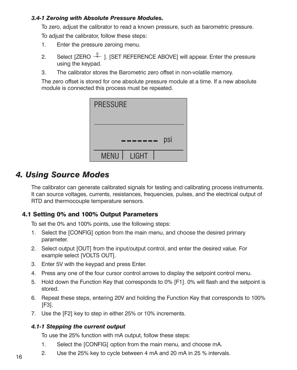 Using source modes, Pressure psi menu, Light | Martel Electronics MC1010 User Manual | Page 16 / 46