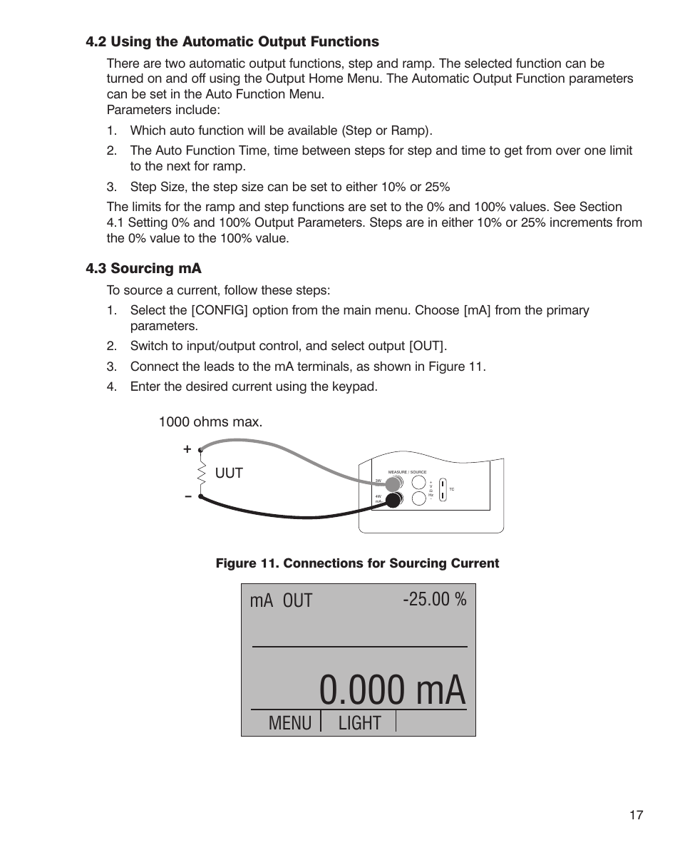 000 ma, 00 % ma out menu light | Martel Electronics MC1010 User Manual | Page 17 / 46