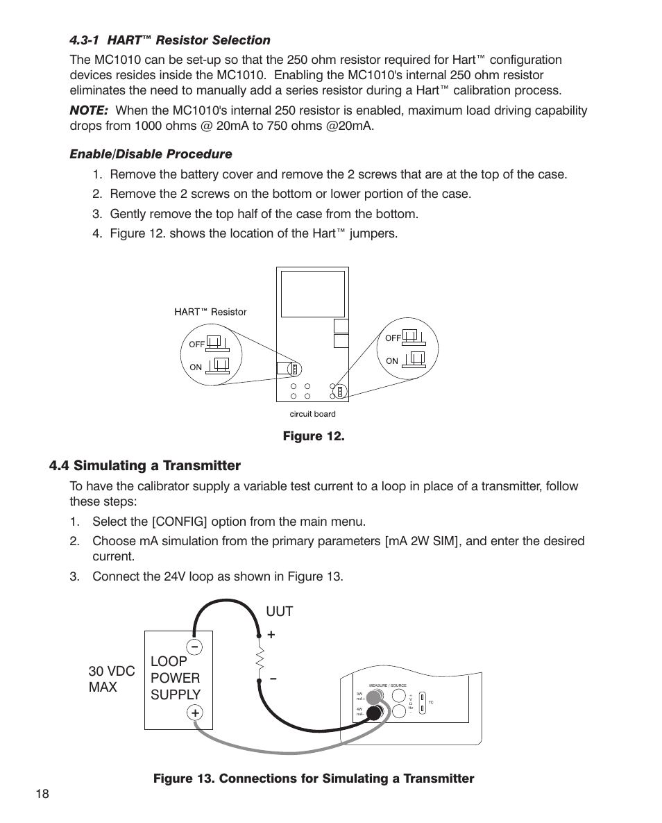 4 simulating a transmitter, Loop power supply 30 vdc max uut | Martel Electronics MC1010 User Manual | Page 18 / 46