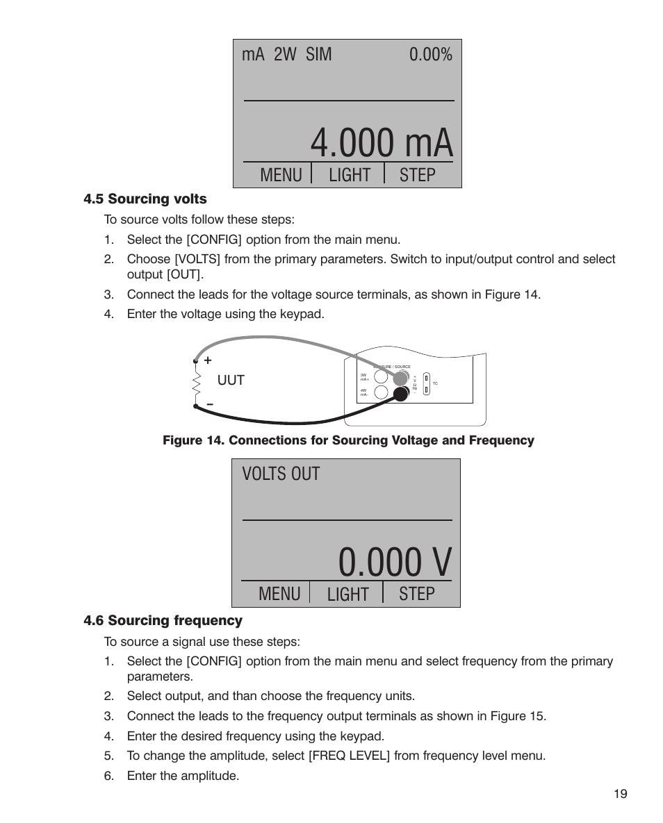 000 ma, 000 v, 00% ma 2w sim menu | Step light, Volts out menu, Light step | Martel Electronics MC1010 User Manual | Page 19 / 46