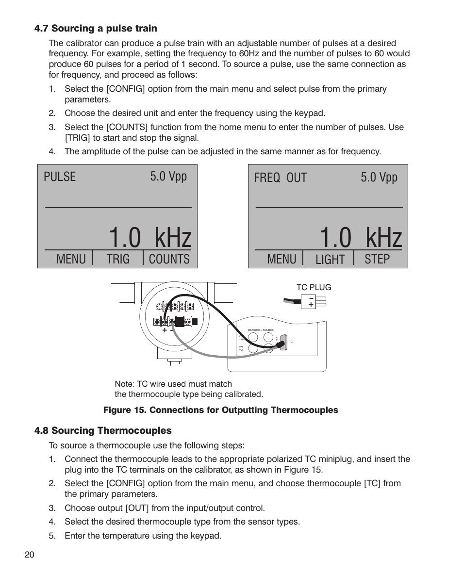 0 khz, Pulse 5.0 vpp menu, Trig counts freq out 5.0 vpp menu | Light step | Martel Electronics MC1010 User Manual | Page 20 / 46