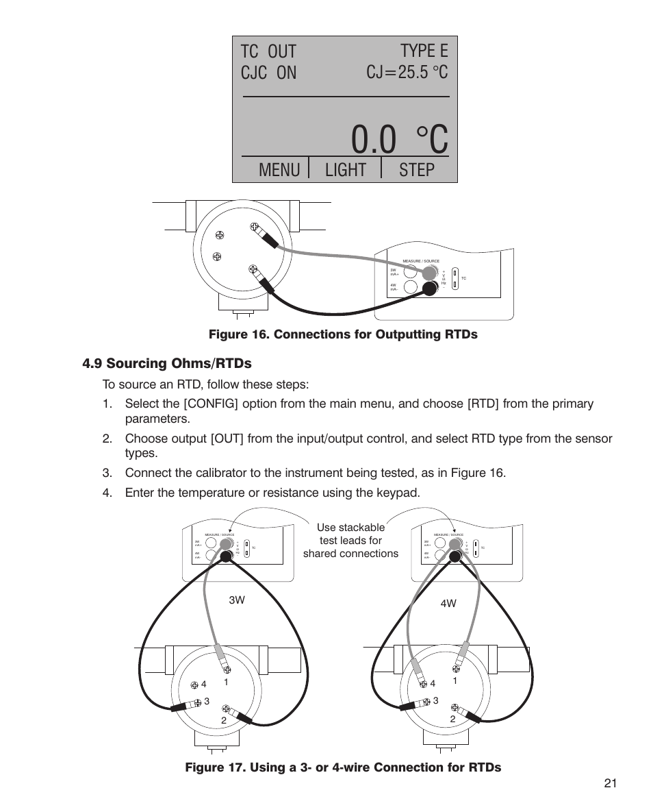 0 °c, Type e cj=25.5 °c tc out cjc on menu, Step light | 9 sourcing ohms/rtds, Figure 16. connections for outputting rtds | Martel Electronics MC1010 User Manual | Page 21 / 46
