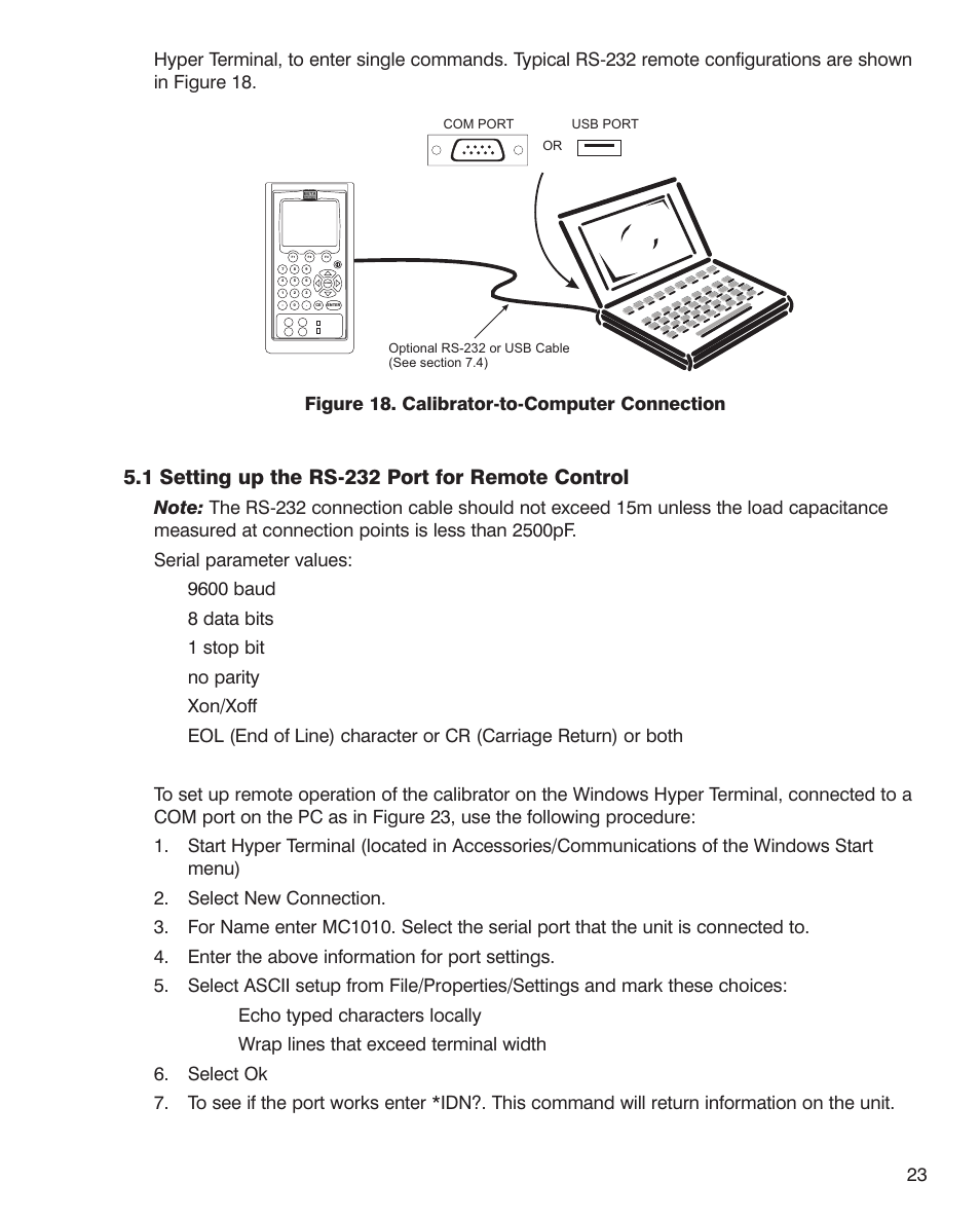 1 setting up the rs-232 port for remote control | Martel Electronics MC1010 User Manual | Page 23 / 46