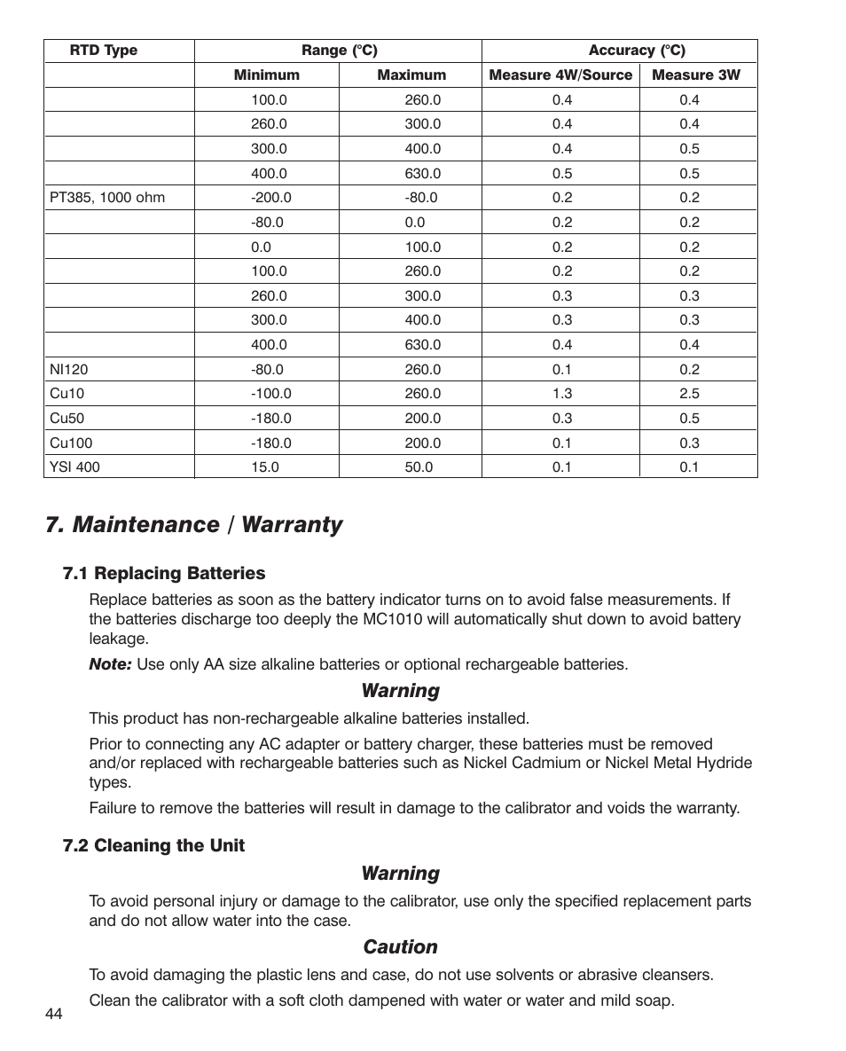 Maintenance / warranty, Warning, Caution | 1 replacing batteries, 2 cleaning the unit | Martel Electronics MC1010 User Manual | Page 44 / 46