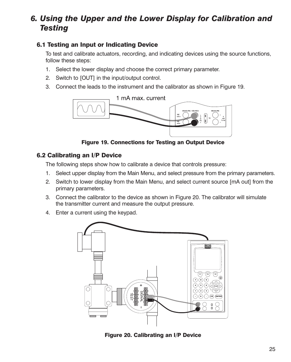 1 testing an input or indicating device, 2 calibrating an i/p device | Martel Electronics MC1210 User Manual | Page 25 / 56