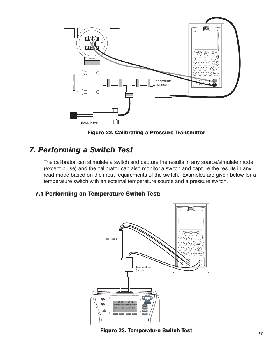 Performing a switch test, 1 performing an temperature switch test, 27 figure 22. calibrating a pressure transmitter | Figure 23. temperature switch test | Martel Electronics MC1210 User Manual | Page 27 / 56