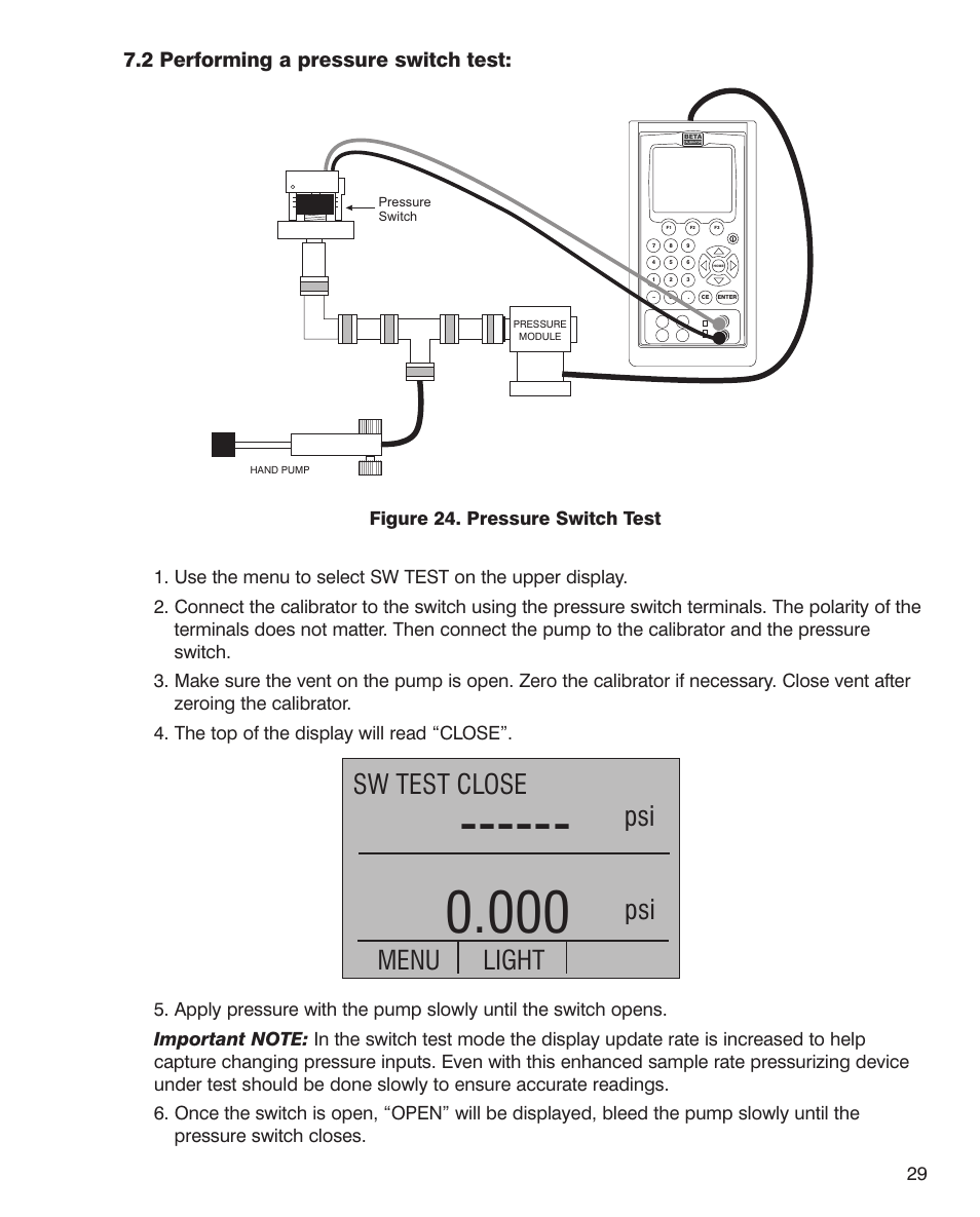 Psi sw test close, Menu, Light | 2 performing a pressure switch test | Martel Electronics MC1210 User Manual | Page 29 / 56