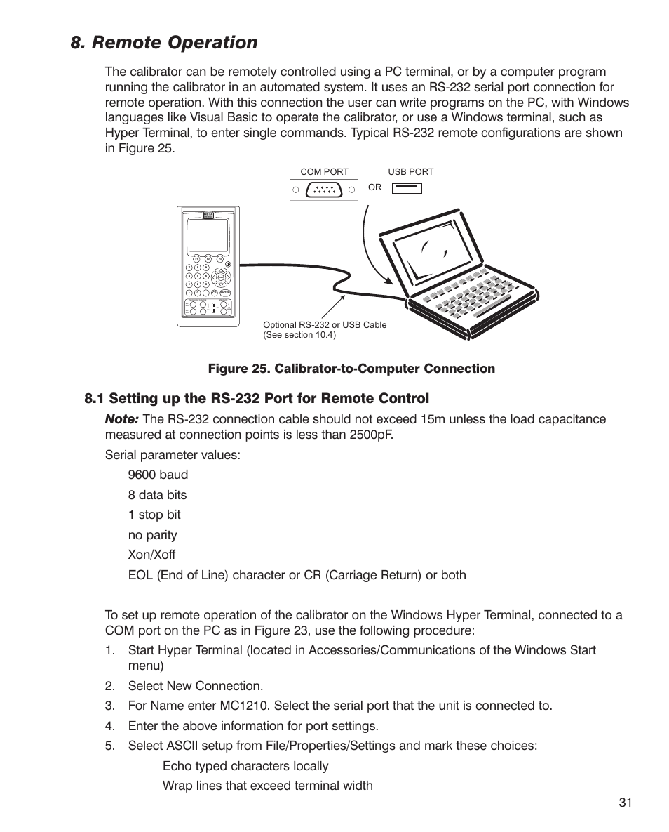 Remote operation, 1 setting up the rs-232 port for remote control | Martel Electronics MC1210 User Manual | Page 31 / 56