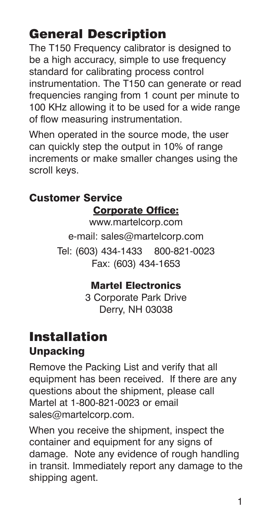 General description, Installation | Martel Electronics T150 User Manual | Page 3 / 8