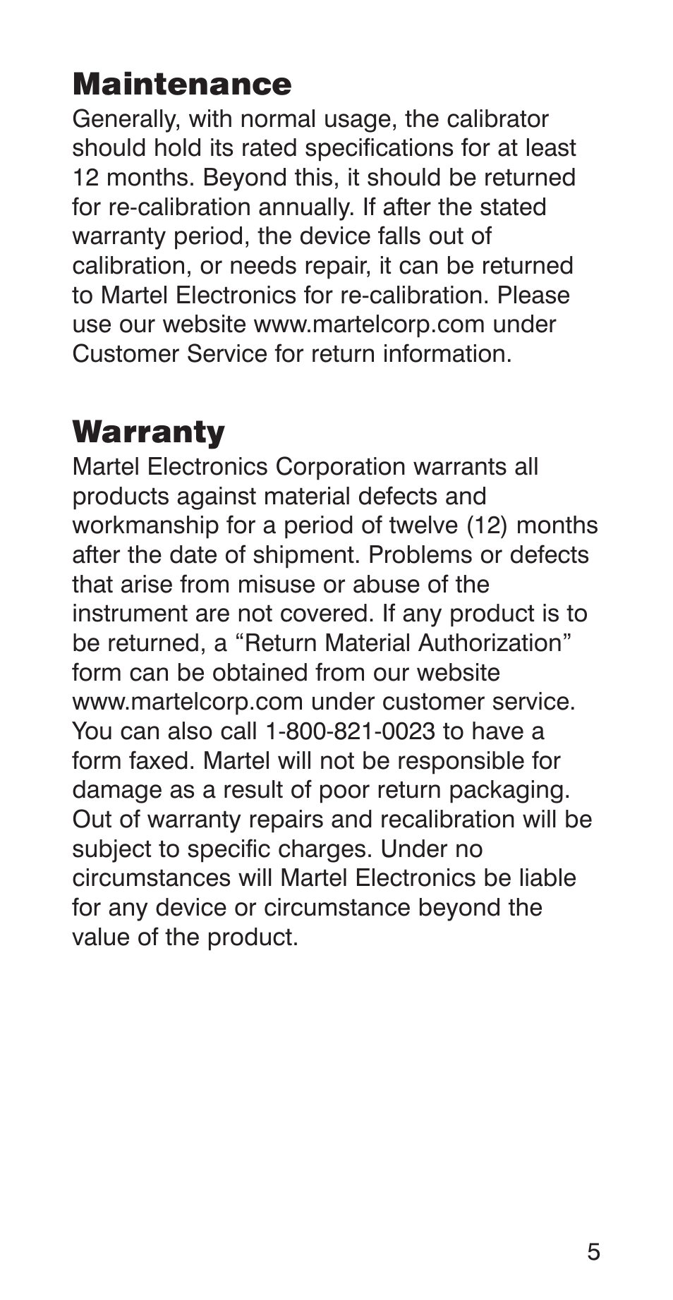 Maintenance, Warranty | Martel Electronics T150 User Manual | Page 7 / 8
