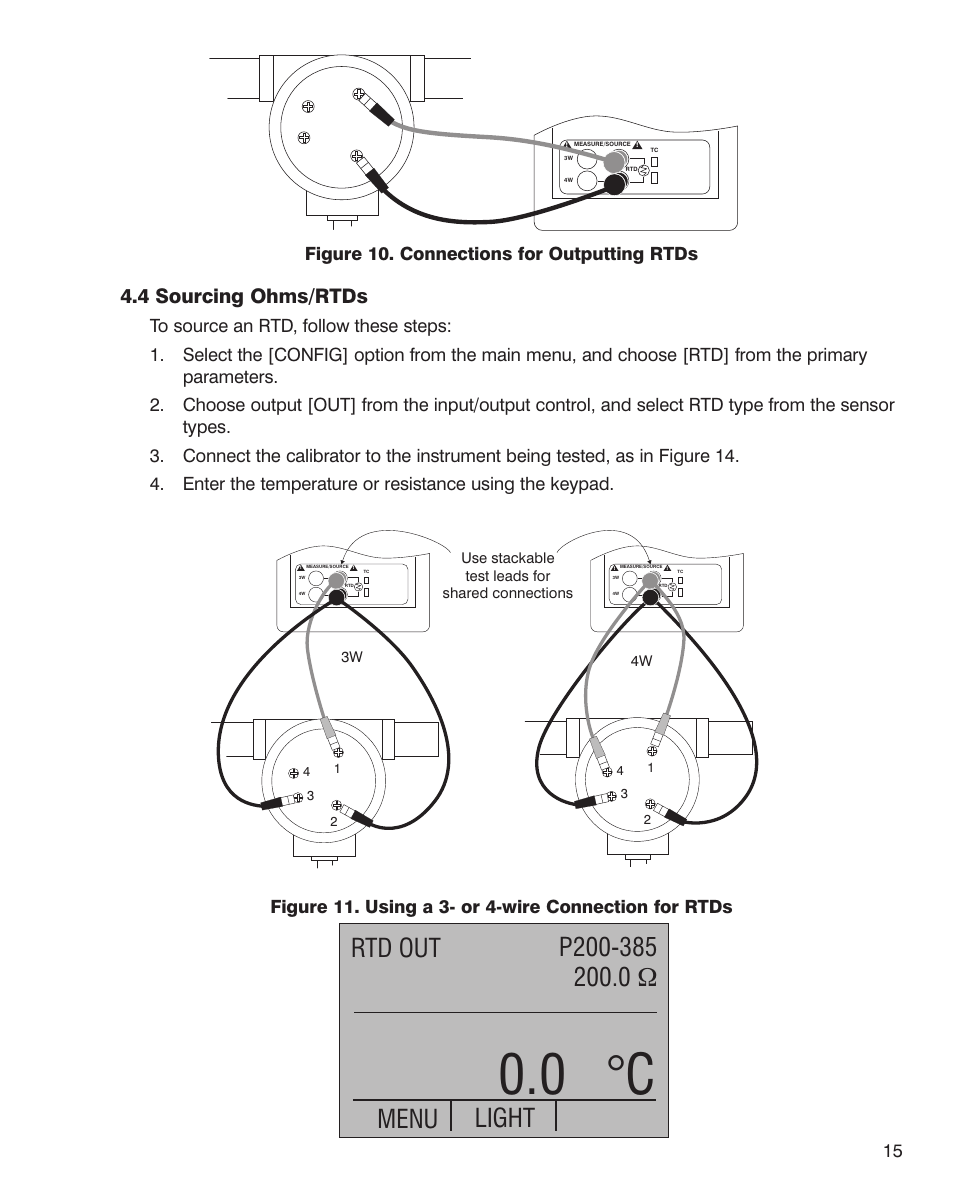 0 °c, Light, 4 sourcing ohms/rtds | 15 figure 10. connections for outputting rtds | Martel Electronics PTC8010 User Manual | Page 15 / 36