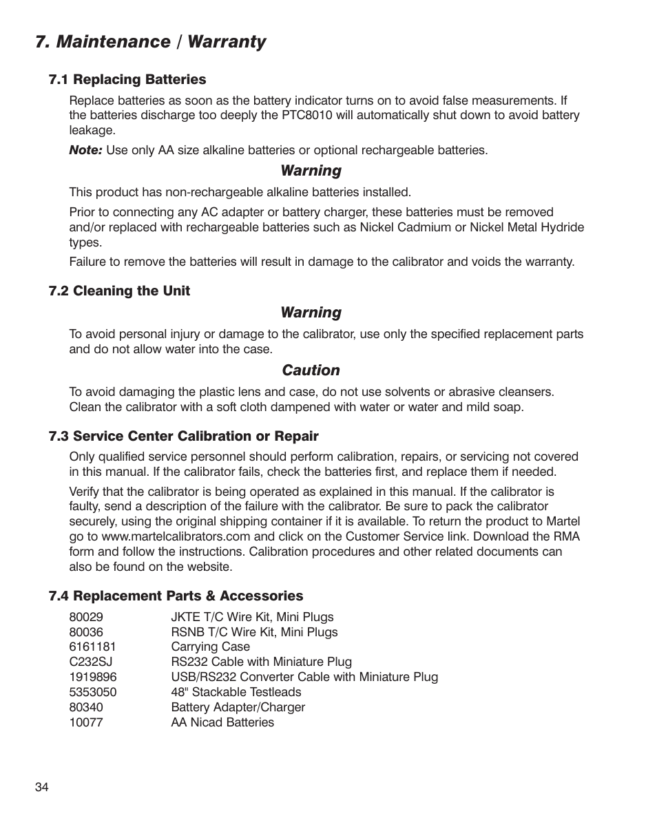 Maintenance / warranty | Martel Electronics PTC8010 User Manual | Page 34 / 36