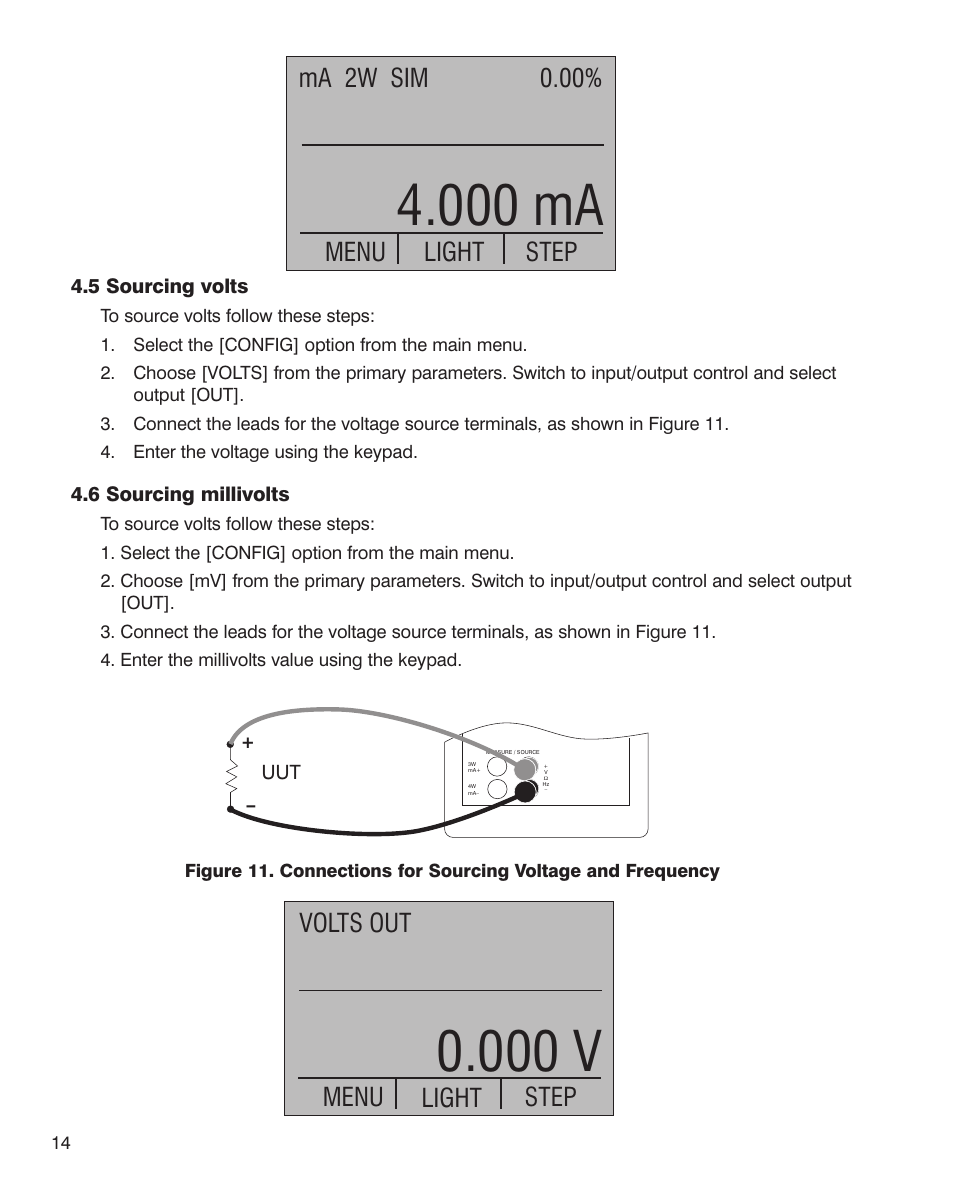 000 ma, 000 v, 00% ma 2w sim menu | Step light, Volts out menu, Light step | Martel Electronics PSC4010 User Manual | Page 16 / 36