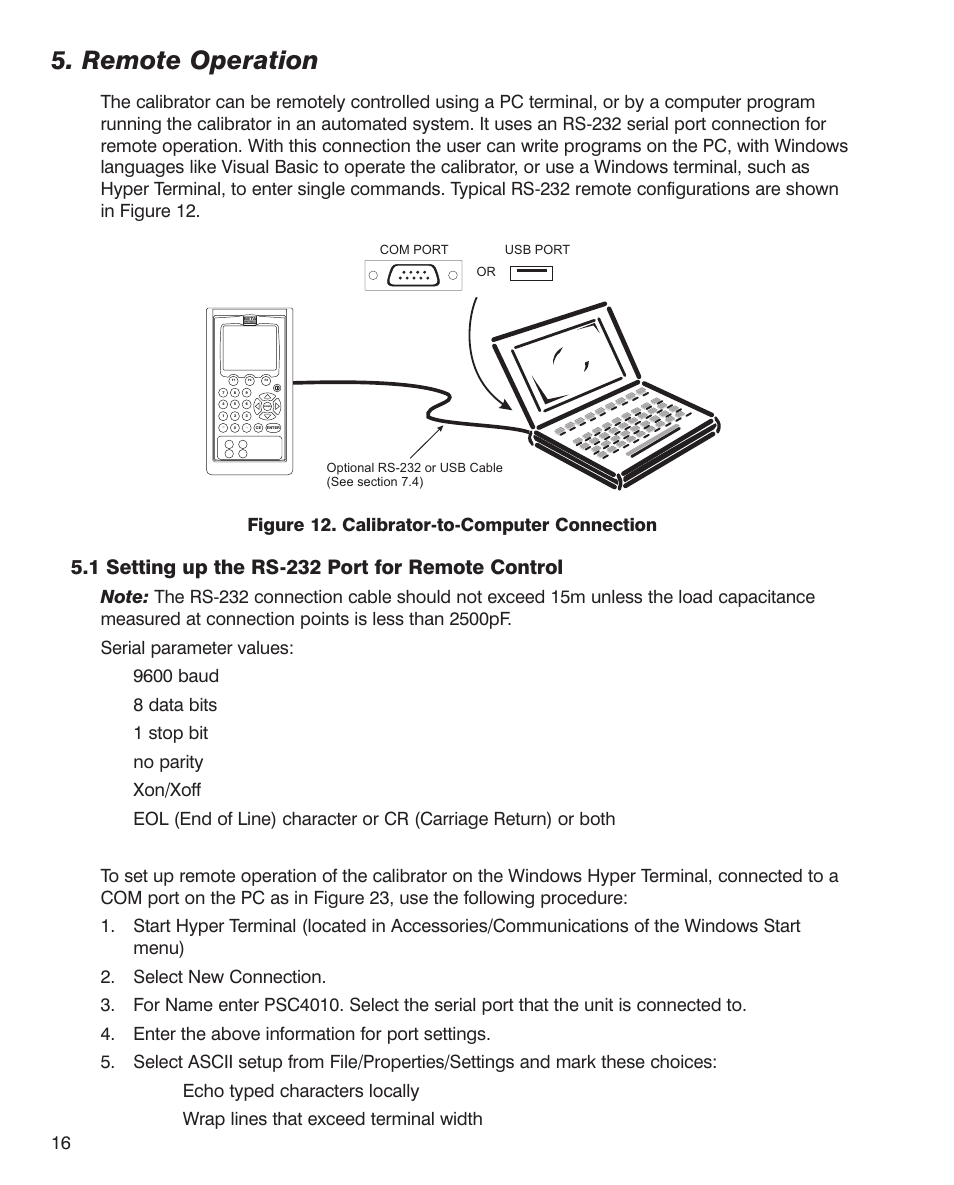 Remote operation, 1 setting up the rs-232 port for remote control | Martel Electronics PSC4010 User Manual | Page 18 / 36