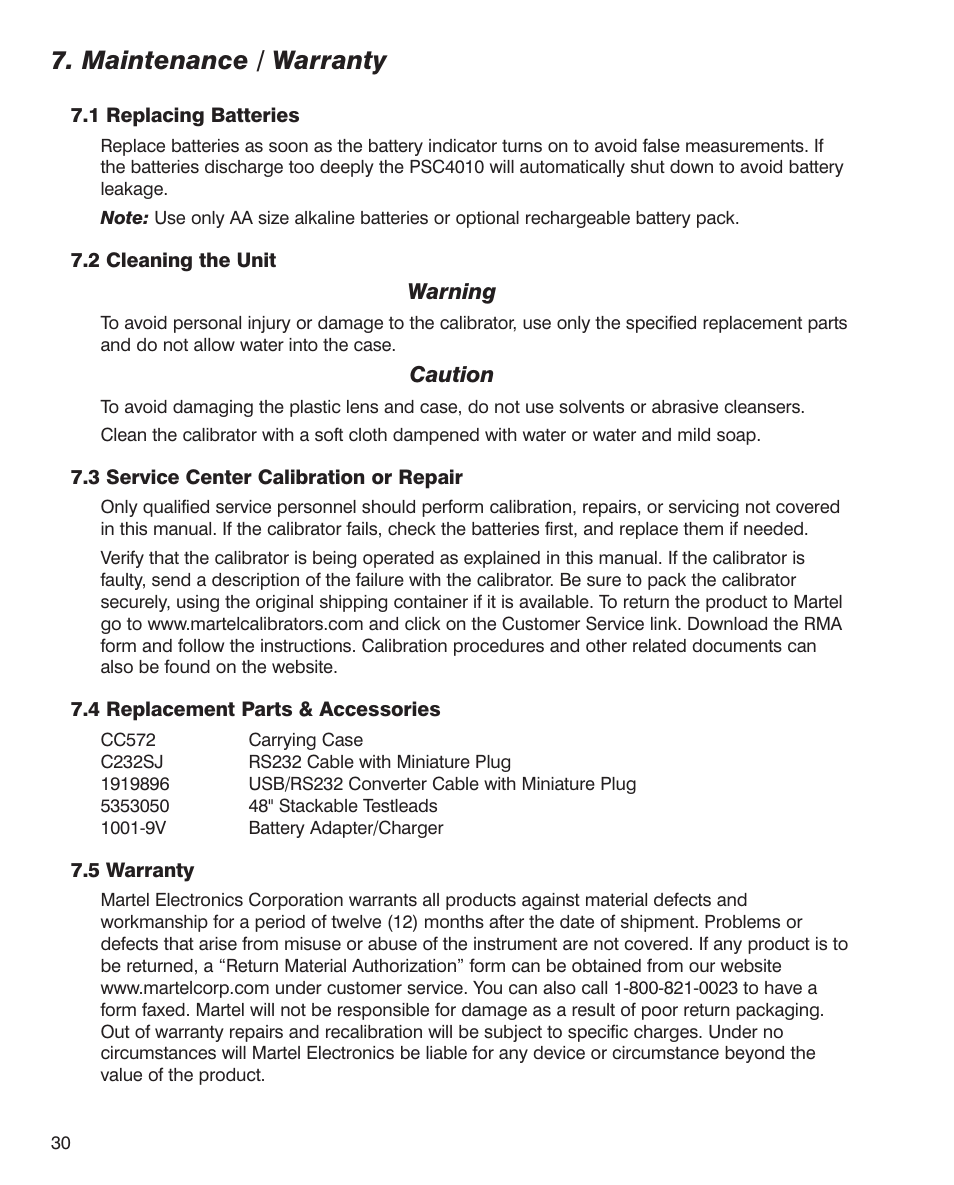 Maintenance / warranty | Martel Electronics PSC4010 User Manual | Page 32 / 36