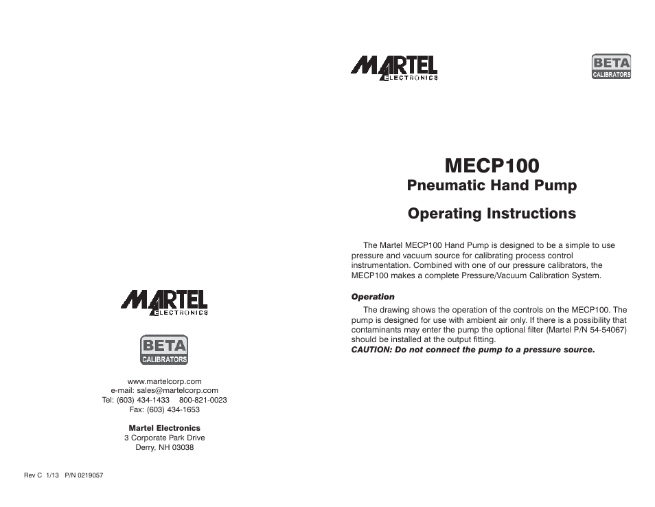 Martel Electronics MECP100 User Manual | 2 pages