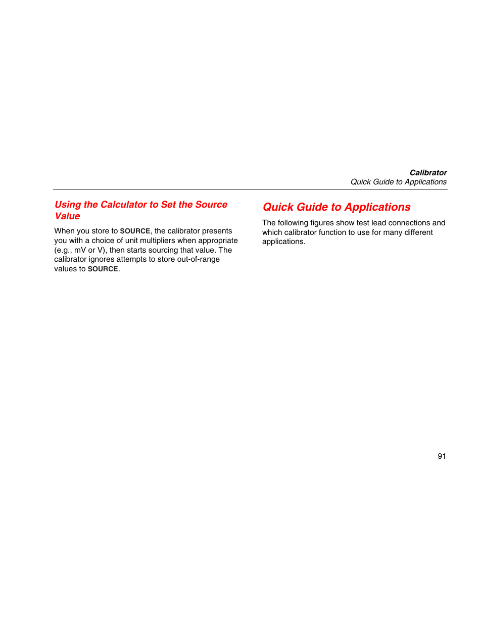 Using the calculator to set the source value, Quick guide to applications | Martel Electronics MasterCAL User Manual | Page 101 / 140