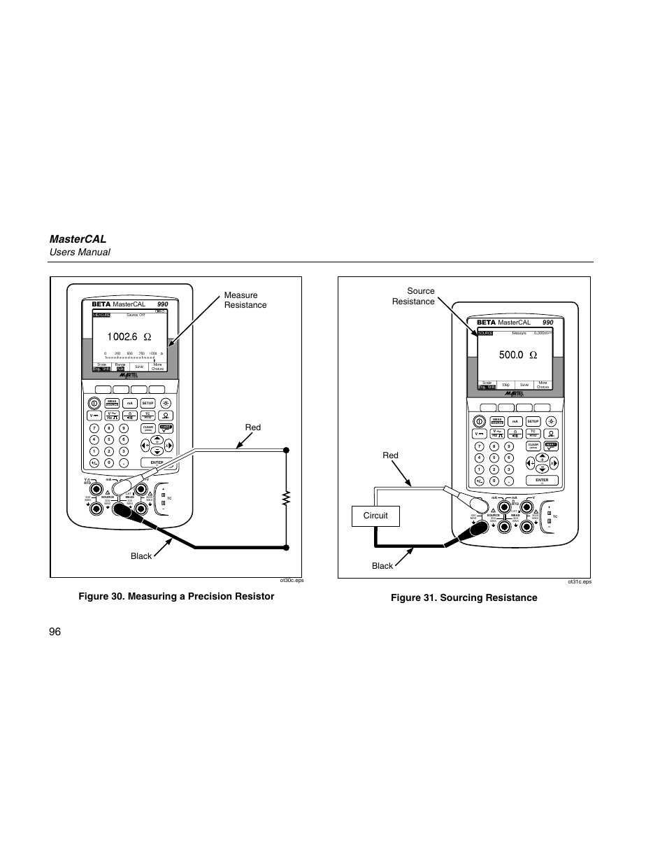 Mastercal, Users manual, Figure 30. measuring a precision resistor | Figure 31. sourcing resistance, Black red measure resistance, Circuit black red source resistance | Martel Electronics MasterCAL User Manual | Page 106 / 140