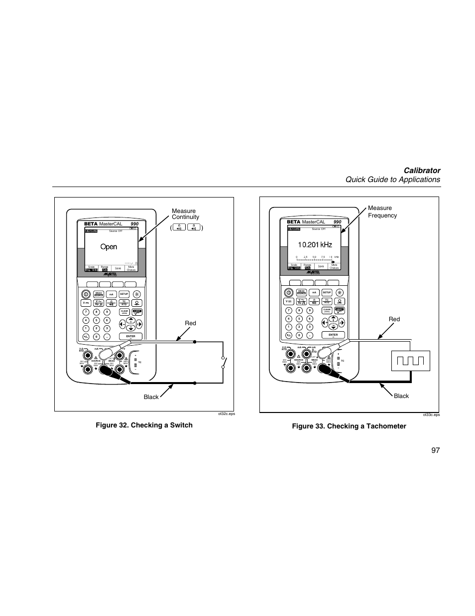 Calibrator quick guide to applications 97, Figure 32. checking a switch, Figure 33. checking a tachometer | Red black measure continuity, Black red measure frequency | Martel Electronics MasterCAL User Manual | Page 107 / 140