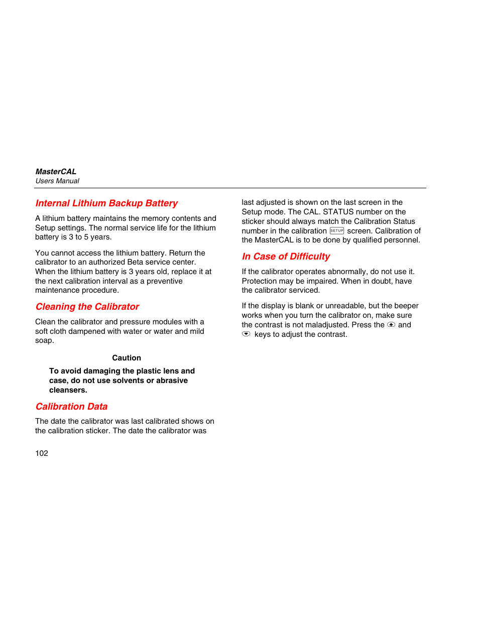 Internal lithium backup battery, Cleaning the calibrator, Calibration data | In case of difficulty | Martel Electronics MasterCAL User Manual | Page 112 / 140