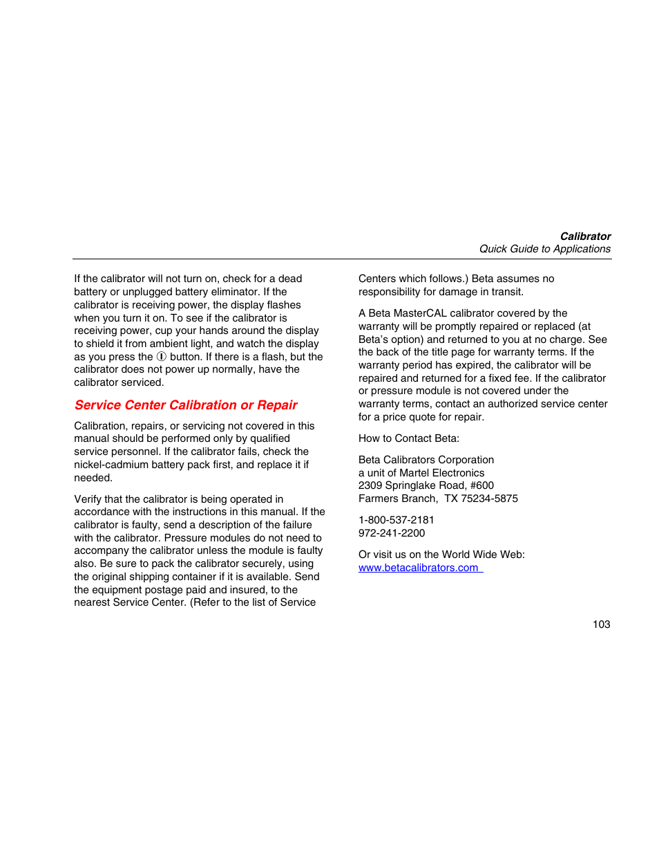 Service center calibration or repair | Martel Electronics MasterCAL User Manual | Page 113 / 140