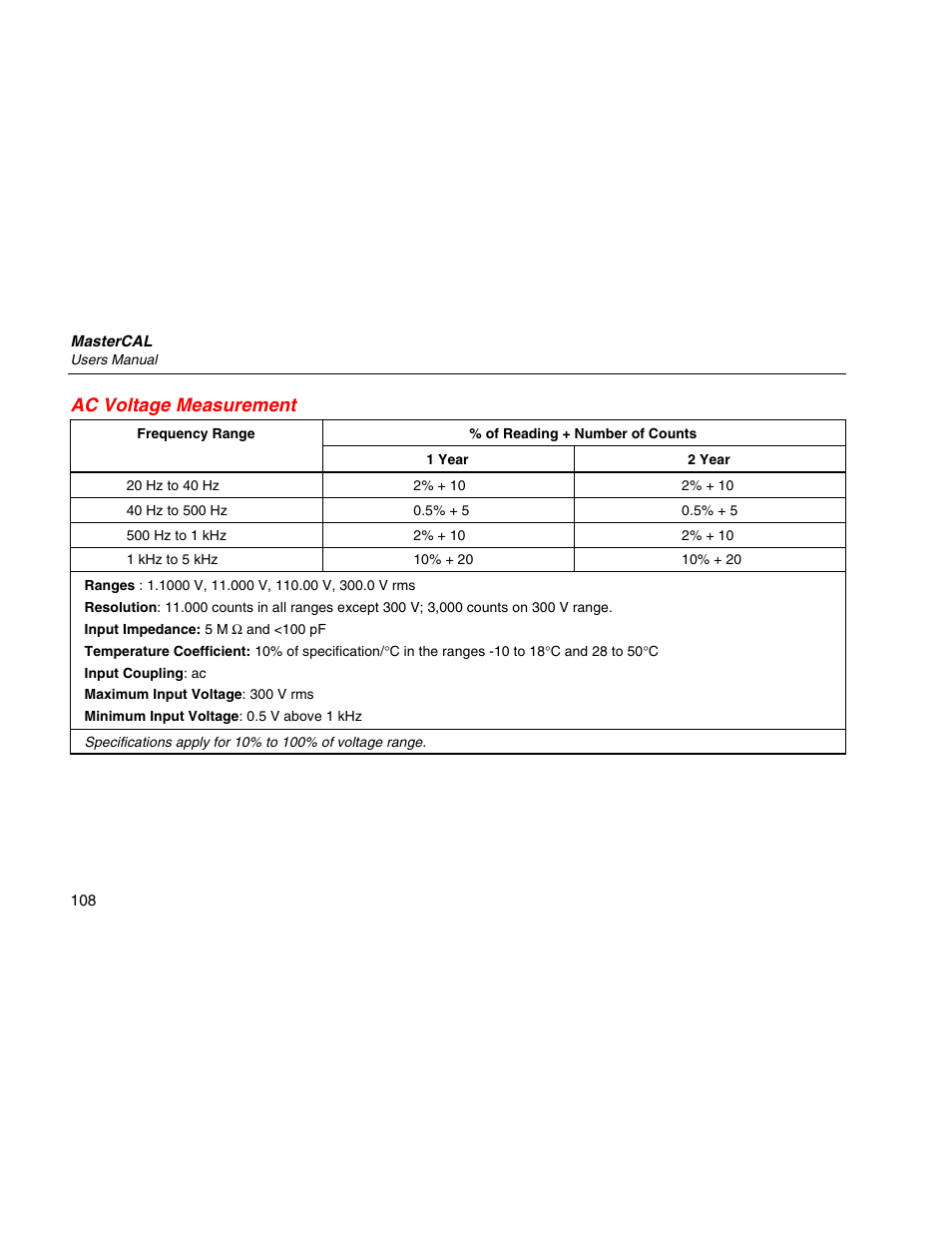 Ac voltage measurement | Martel Electronics MasterCAL User Manual | Page 118 / 140