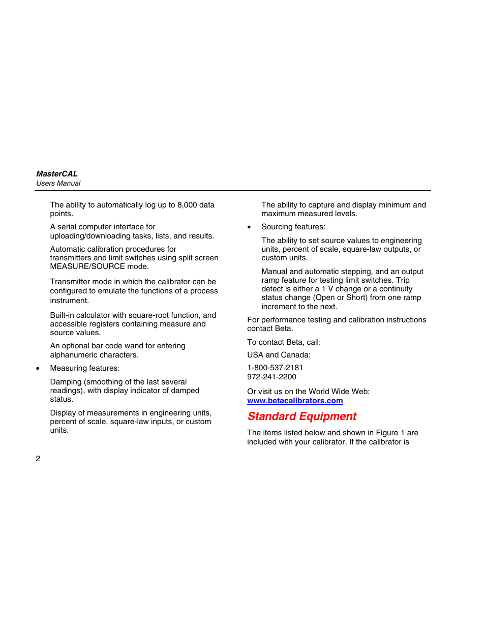 Standard equipment | Martel Electronics MasterCAL User Manual | Page 12 / 140