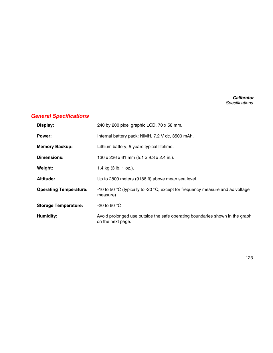 General specifications | Martel Electronics MasterCAL User Manual | Page 133 / 140