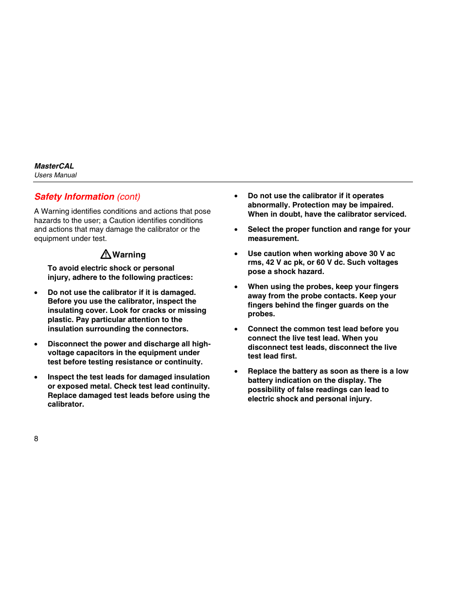 Safety information (cont) | Martel Electronics MasterCAL User Manual | Page 18 / 140
