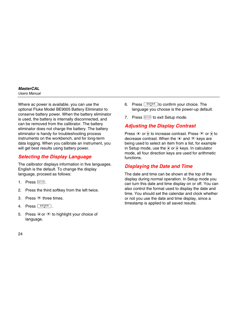 Selecting the display language, Adjusting the display contrast, Displaying the date and time | Martel Electronics MasterCAL User Manual | Page 34 / 140