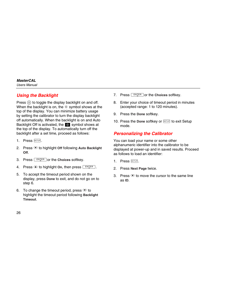 Using the backlight, Personalizing the calibrator | Martel Electronics MasterCAL User Manual | Page 36 / 140