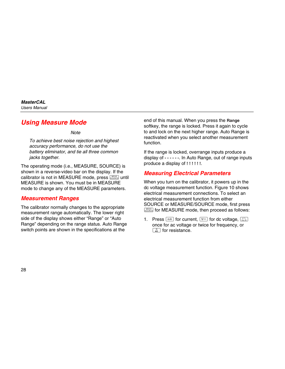 Using measure mode, Measurement ranges, Measuring electrical parameters | Martel Electronics MasterCAL User Manual | Page 38 / 140