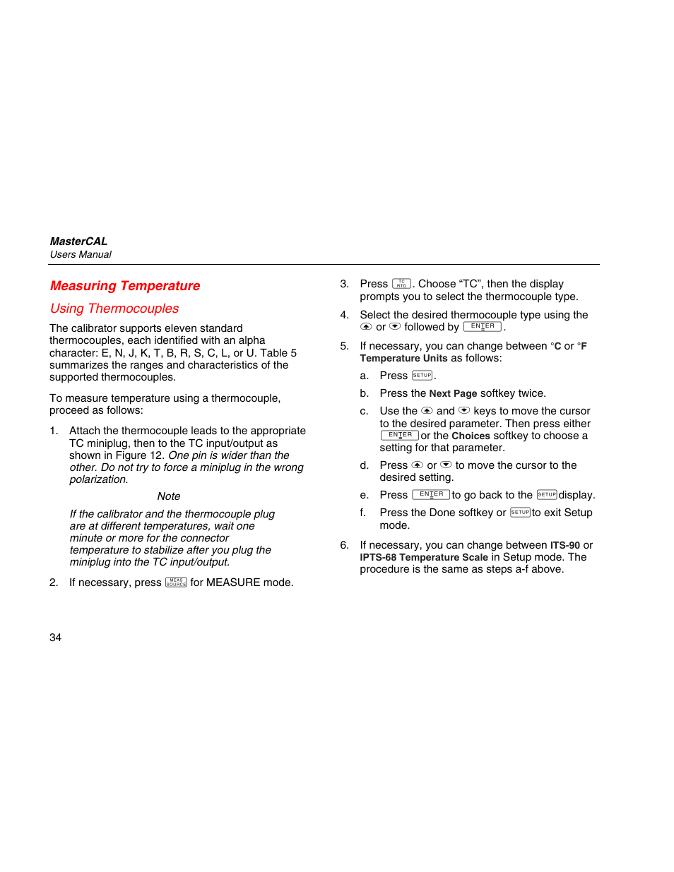 Measuring temperature, Using thermocouples, Measuring temperature using thermocouples | Martel Electronics MasterCAL User Manual | Page 44 / 140