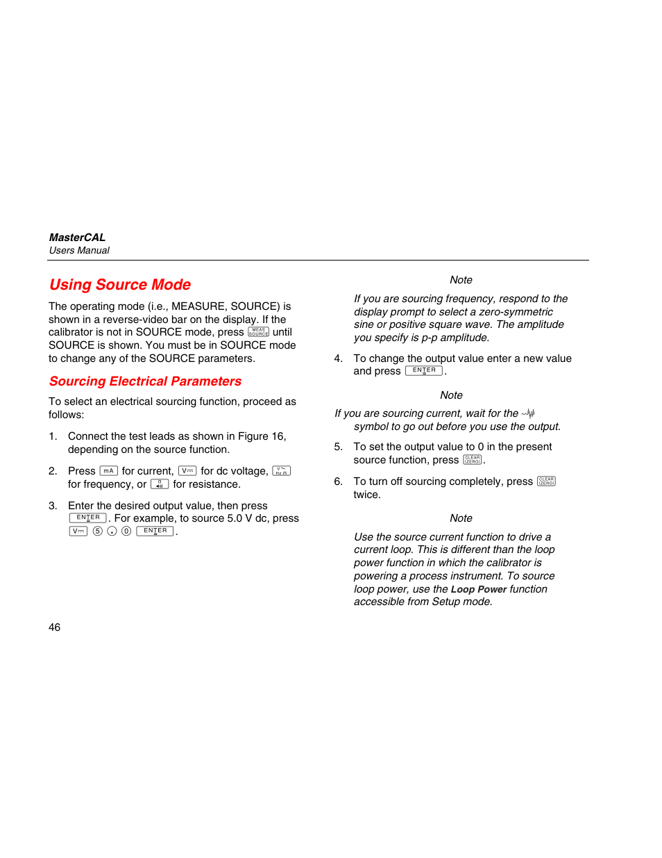 Using source mode, Sourcing electrical parameters | Martel Electronics MasterCAL User Manual | Page 56 / 140