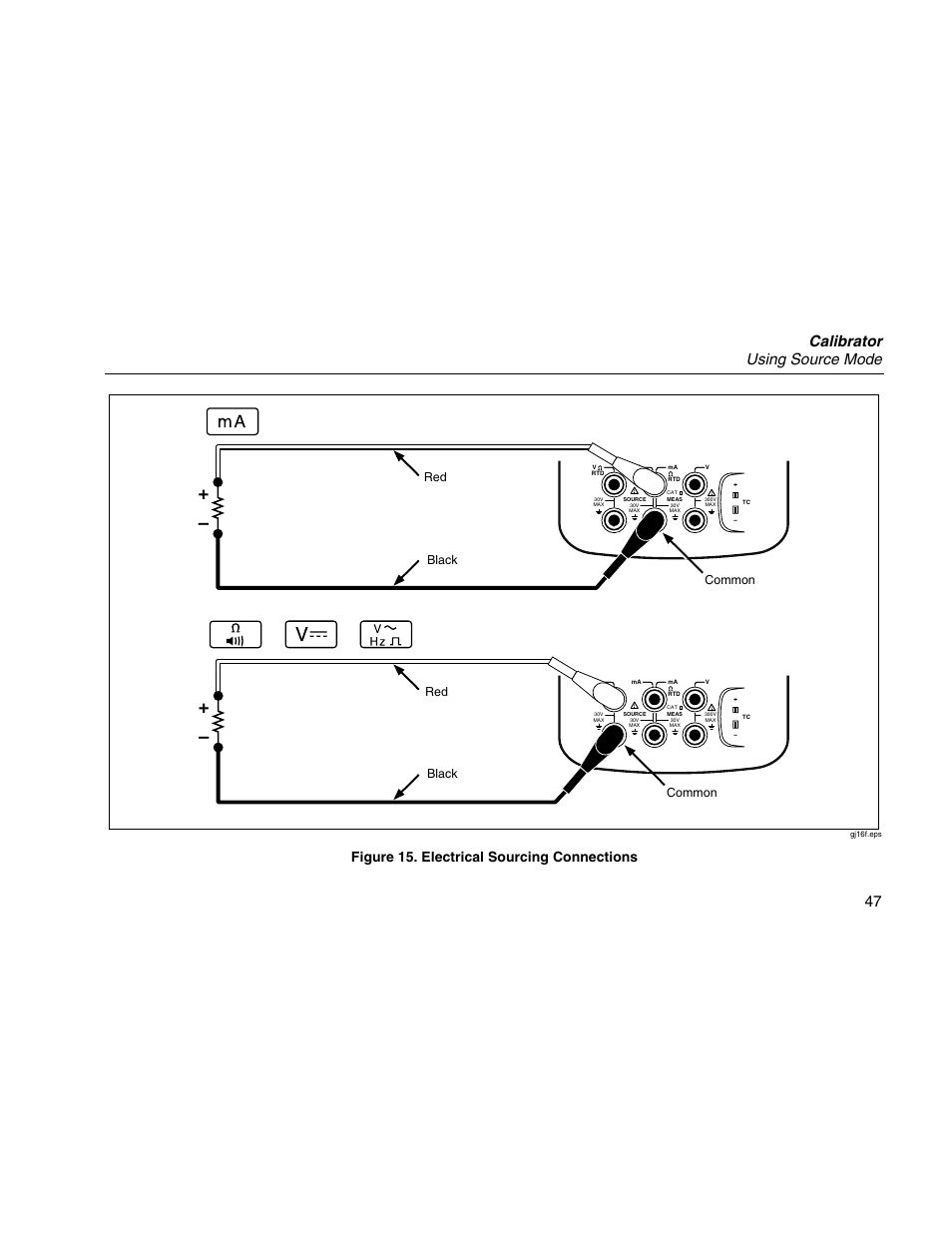 Calibrator using source mode 47, Figure 15. electrical sourcing connections, Red black | Red black common common | Martel Electronics MasterCAL User Manual | Page 57 / 140