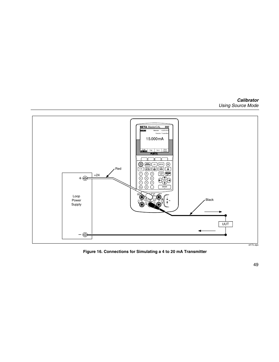 Calibrator using source mode 49, Loop power supply +24 uut black red | Martel Electronics MasterCAL User Manual | Page 59 / 140